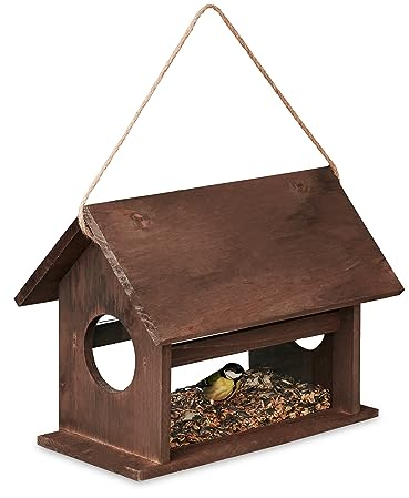 Relaxdays Vogelfutterhaus Holz, zum Aufhängen, Futterspender Wildvögel, Vogelfutterstation, HBT 24x30x21 cm, Dunkelbraun