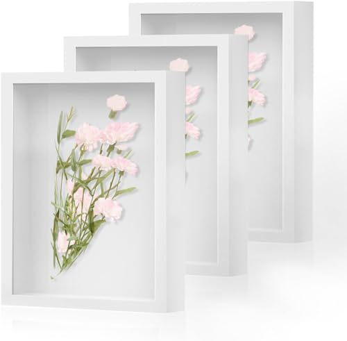 3D Bilderrahmen zum Befüllen 20 x 25 cm- 3 Pack Bilderrahmen Tief Holz Rahmen mit Glas Geeignet für Tischpräsentation, Zeichnungen, Fotos, Trockenblumen, Wandmontage, Shadow Box Rahmen (weiß)