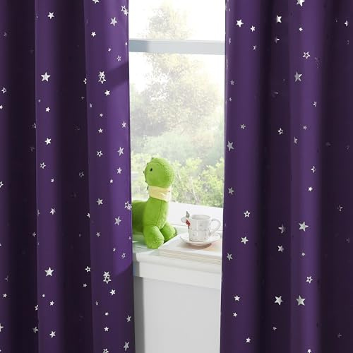 PONY DANCE Star Foil Printed Kids Curtains, Purple, 90x54 Inch