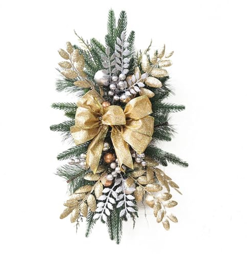 Christmas Swag Teardrop Swag Wreaths Christmas Stairway Swag for Front Door Xmas Ornament Home Decor (A-Gold, 60cm*30cm)