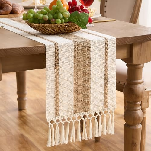 Aisybaklyn Camino de Mesa Boho Marrón Borlas de Macramé Franjas Algodón y Lino Tejido Calado Estilo Campesino Tapete 30x140 cm para Decoración Rústicas de Fiestas Cocinas Boda Comedor