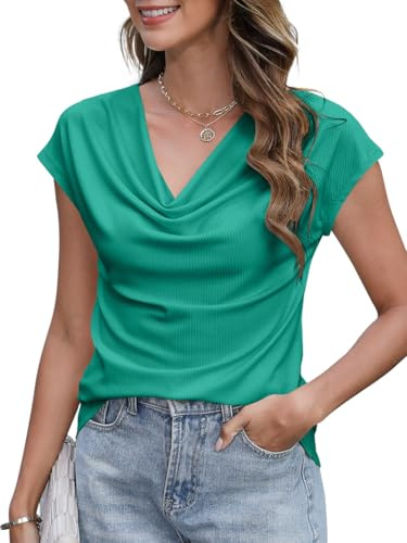 Summer Cowl Neck Womens Shirts Dressy Tops Short Sleeve V Neck T-Shirts Trendy 2025 Classy Ladies Blouses Basic Cute Wrap Shirts Jade_M