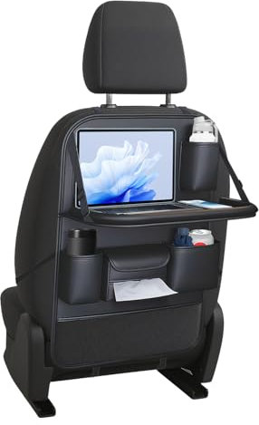 VEHIRIE Car Back Seat Organiser with Foldable Table Tray, Premium Leather Car Organiser Multifunctional Protector Kick Mats for Kids, Toy Storage Pockets, Travel Table Holder (Black)