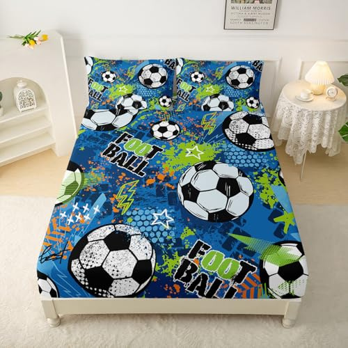 QOOMO Soccer Kids Bed Sheets Twin Size,Football Print Bedding Sheet Set,4Pcs Sports Ball Game Deep Pocket Bed Sets with 1 Fitted Sheet 1 Flat Sheet 2 Pillowcases for Boys Girls Teens