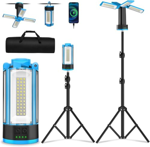 Rechargeable Camping Light with Tripod, 10400mAh Telescopic Work Light | 3-Head Campsite Area Light, 4100LM Portable Camping Lantern with Storage Bag, for Hiking, Emergency, Garage & Car Repair.