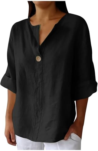 Blusa de verano de lino y algodón para mujer, blusas de cuello en V con muesca, estilo casual, holgada, manga 3/4, blusa larga para mujer, talla grande, Henley Today 2025, Negro, 4XL