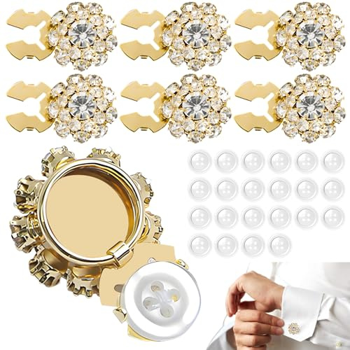 6Pcs Button Covers with Rhinestones & Gold Base, Sewing Button Covers Decor for Women Blouses Shiny & Exquisite DIY Craft Decoration Supplies, Suitable for Sewing Decoration