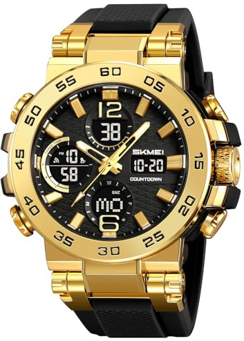 FANMIS Mens Analog Digital Dual Display Sports Watches Military Multifunctional 50M Waterproof LED Watch with Alarm Stopwatch Backlight 12H/24H Outdoor Running Swimming (Z Gold Black)