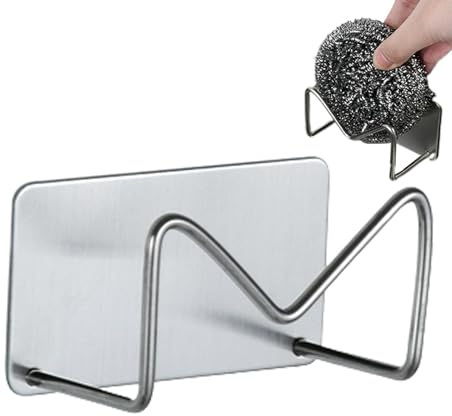 Soporte de esponja autoadhesivo – Estante de fregadero de acero inoxidable, soporte para estropajos, soporte para paños de cocina, organizador de fregadero de acero | Percha montada en la pared para