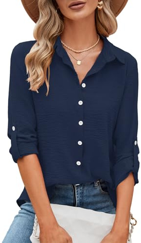 Odosalii Women Tops, Blouses for Women UK, Collared V Neck Long Sleeve Button Down Shirts, Business Casual Outfits Work Office Clothes Attire Summer Fashion 2026 Navy Blue Size 18-20