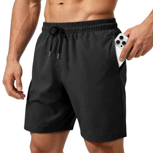 HEOAARG Short De Bain Homme SéChage Rapide Sport Bermuda Short Respirant Maillot De Bain Homme avec Poche ZippéE Et Cordon Élastique，Noir,XXL