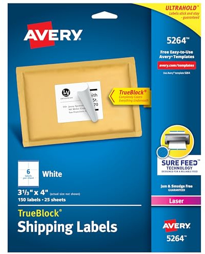 Avery Printable Shipping Labels with Sure Feed, 3-1/3 x 4, White, 150 Blank Mailing Labels (5264)
