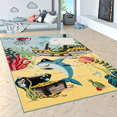 Paco Home Tappeto Per Bambini Pesci Delfino Cameretta Acqua Turchese Verde Rosso Crema, Dimensione:80x150 cm