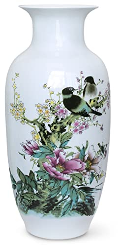 Dahlia Famille Rose Blumenvase, handgefertigt, chinesisches Porzellan, Vögel in Pfingstrose #2, Rouleau Form 37,8 cm