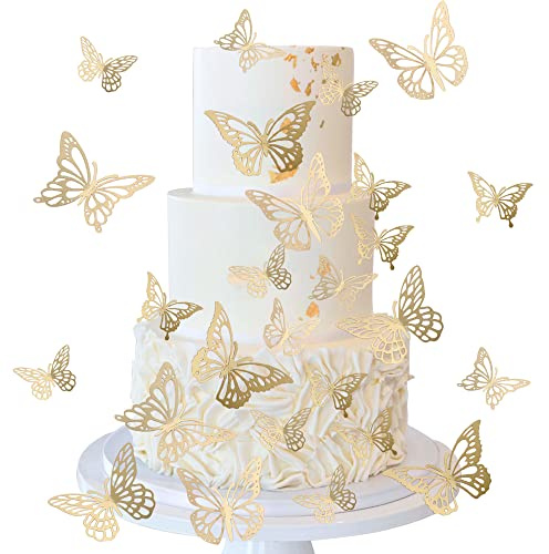 40 PCS Laser 3D Butterfly Cupcake Toppers Hollow Arts Cake Decorations for Baby Shower Wedding Fairy Birthday Party Supplies Wall Sticker Decoration Mixed Styles Gold
