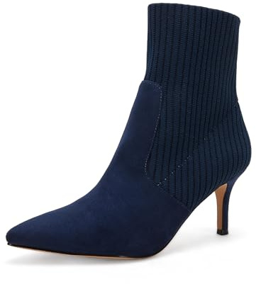 Coutgo Women's Pointed Toe Ankle Boots Stiletto Kitten Heel Knit Faux Suede Winter Sock Booties