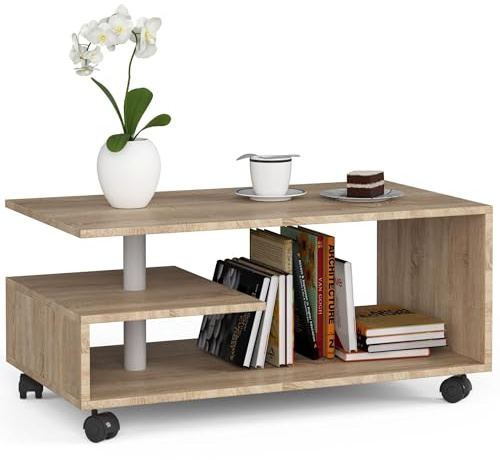 AKORD | Tavolino Vini su Ruote da Caffè in Legno | Tavolo Salotto Moderni | Credenza per il Soggiorno | Arredamento Casa | Tavolini a 3 livelli | Piano in laminato 16mm | 90 x 40 x 51 cm | Sonoma