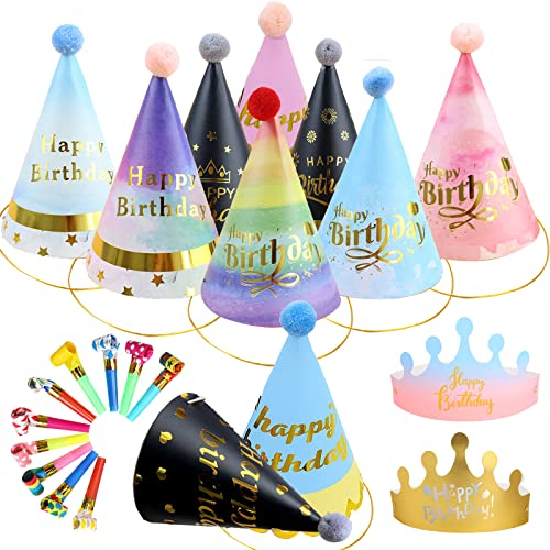 LUKIUP 22 Stück Kinder Partyhüte Set,Party Hüte zum Geburtstag mit Pompons,Geburtstagshut Lufttröte Pfeife Partyhütchen Geburtstag Kegel Hüte für Kinder Geburtstagsfeier Baby Shower