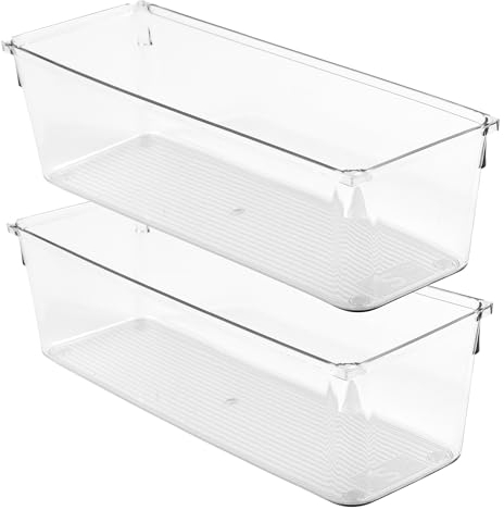 Amtido Clear Drawer Organiser Tray Set, 2 Pack – Durable Storage Containers for Kitchen, Pantry, Office & Cosmetics – Plastic Drawer Organiser Fits Drawers, Cupboards & Fridge - 10.2 x 30.5 x 8.3cm