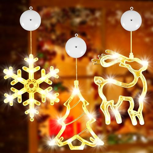 TATAFUN 3 Stück Weihnachtsbaum Hirsch Schneeflocke Weihnachtsdeko,Wiederverwendbar Weihnachten Deko mit Saugnäpfe, für Weihnachtsdeko Innen Fensterdeko Party