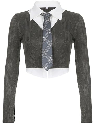 AYAZER Camicia Corta con Risvolto Abbottonato Stile College Finto in Due Pezzi con Orlo Superiore e Cravatta a Righe Irregolari-Grigio-S