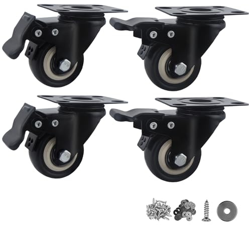 Htudcoue 2 Inch Caster Wheels,Set of 4 Heavy Duty Casters,with Brake,No Noise Locking Polyurethane (PU) Wheels, for Furniture and Workbench Load 800lbs