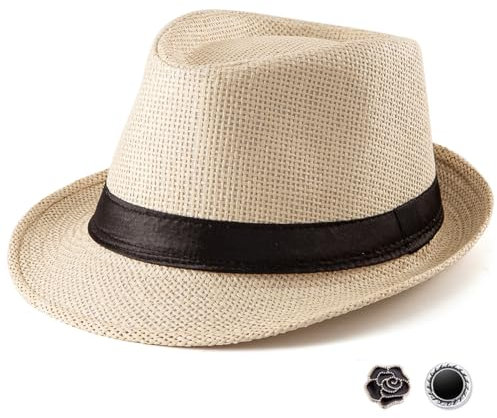 LADYBRO XL Sommer Strohhut für Herren Trilby-Hut für Strand, Reisen, Panama-Hüte 1920er Kurze Krempe 60cm, Beige