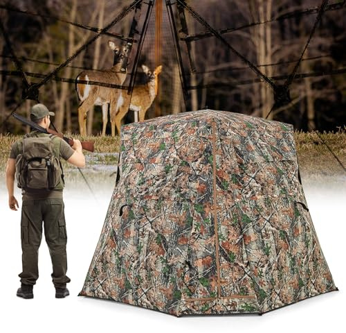 GOPLUS Tente de Chasse Portable 2-3 Personnes, Tente de Camouflage avec Visibilité à 360° et 4 Fenêtres Coulissantes, Abri de Chasse Résistant aux Intempéries Sac de Transport