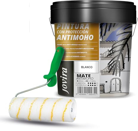 JOVIRA PINTURAS Pintura Antimoho Blanco | 6 Kilos |, Evita el moho, resistente a la aparición de moho en paredes + Rodillo antigota 22 cm (4 Litros + Rodillo antigota 22 cm)