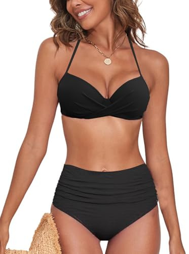 NLAND Traje de Baño Mujer Dos Piezas Conjunto Bikini Push Up de Cintura Alta con Estampados Florales Bikini Sexy Sets Talla Grande(Negro,L)