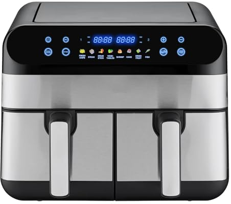 Panana Dual Zone Heißluftfritteuse mit Sichtfenster, Friteuse sans Huile avec 2 Tiroir, 9L XL Airfryer, 8 in 1 Programmes de Cuisson, Zeit- und Temperaturkontrolle, 2400W
