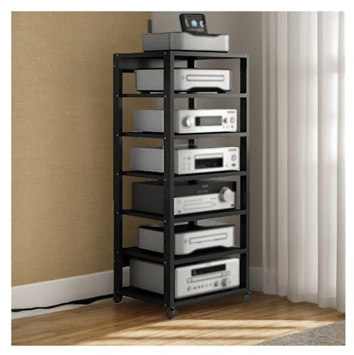 7-Tier Adjustable HiFi Rack AV Shelf - Media Tower for Audio Equipment, Mobile Audio Rack with Universal Wheels, Durable Metal Frame AV Component Cabinet for Home Use