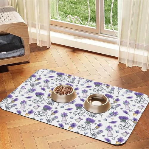 Pevtufa Pet Feeding Mat for Dogs and Cats,Waterproof Absorbent Leather Placemat Non-Slip Easy Clean Pet Food Mat for Floor Protection for Dog and Cat (Lavender Bicycle)