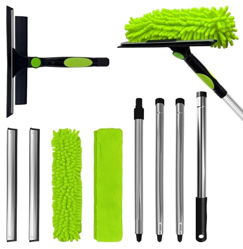 LILISPAI 67'' Window Squeegee Cleaner Tool with Extension Pole, 2-in-1 Squeegee for Window Cleaning Kit with Scrubber and Rotating Head, 2 Blade 2 Scrubber for Indoor & Outdoor High Windows