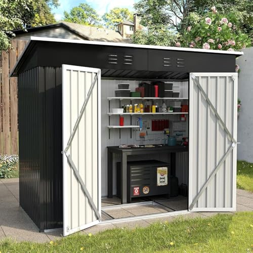 UDPATIO Abri de Jardin Métal 228x126x181 cm - Cabane de Jardin Extérieur avec Toit Incliné et Porte Verrouillable, Rangement Outils de Jardin/Vélo, Gris