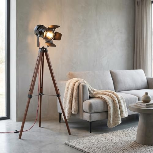 BARCELONA LED Lámpara de pie trípode negra y madera ajustable, altura regulable, iluminación orientable, moderna y vintage industrial, ideal para salón, dormitorio, comedor, oficina, escaleras