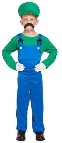 HENBRANDT Barngrön superrörmokare maskeraddräkt retro 1980-tals videospel grön + blå overaller mustasch bröder storlek medium ålder 7-9 fin klänning för pojkar super arbetare outfit för barn