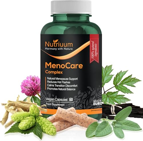MenoCare Complex natürliche Wechseljahre Kapseln – Meno Balance gegen Hitzewallungen mit Ashwagandha, Wilder Yamswurzel, Salbei, Traubensilberkerze, Seetang, Rotklee, Hopfen – 60 Menopause Kapseln