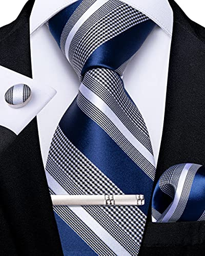 DiBanGu Blue and Grey Stripe Ties for Men Classic Silk Men's Necktie & Pocket Square Cufflinks Tie Clip Set Formal