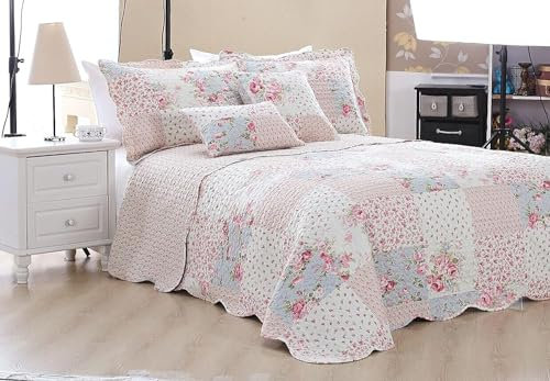 PRIME LINENS Luxury Quilted Patchwork Bedspread Bed Throw 3 Piece Bedding Set Includes Comforter & 2 Pillow Shams Floral Design Coverlet Embroidered (Meadow, Double)