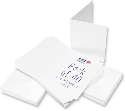 Craft UK, 40 Blank Cards and Envelopes for Card Making, 300gsm, Made in the UK, Lasting Quality, White, C6