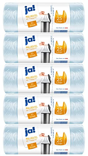 ja! 150 sacchetti della spazzatura, sacchetti plastica, sacchetti differenziata con maniglia, 25 litri, 30 pezzi per rotolo, cuciture sul fondo antistrappo, trasparente, 5 rotoli