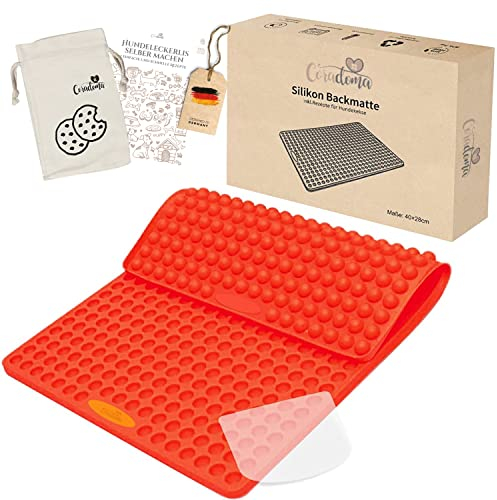 Coradoma Silikon Backform mit Teigschaber inkl. Rezepten und Stoffbeutel | Backmatte Hundekekse Mini Halbkugel 1cm | Silikonmatte für Hundeleckerli Backunterlage