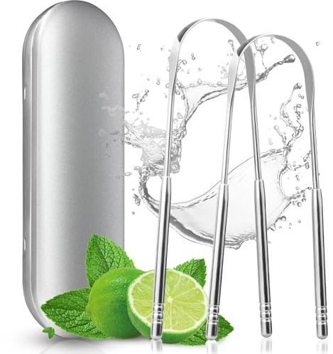 AWUMBUK Zungenreiniger Edelstahl, Zungenschaber 2 Stück Tongue Scraper Tongue Cleaner Mit Box für Männer Frauen und Kinder Mundhygiene Mundgeruch Entfernen