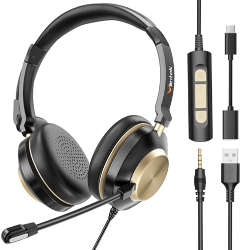Wantek USB Headset with Microphone for Laptop,PC Headphones with Noise Cancelling Mic,USB-A/Type-C/3.5mm Jack 3-in-1 Computer headsets with Volume Control & Mute for Zoom,Skype,Call Centre,Home Office