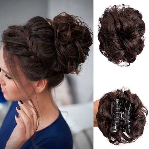 Claw Clip Messy Bun Hair Piece Wavy Curly Large Hair Bun Clip in Claw Chignon Ponytail Hairpieces Synthetic Tousled Updo Hair Extensions Scrunchie Hairpiece for Women (Dark Brown)