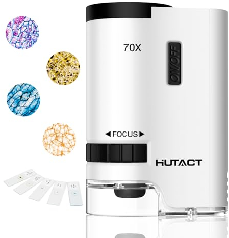 HUTACT 70 x fickmikroskop för barn, mini handhållet bärbart mikroskop med 5 mikroskop diabilder för barn som lär sig, utbildning