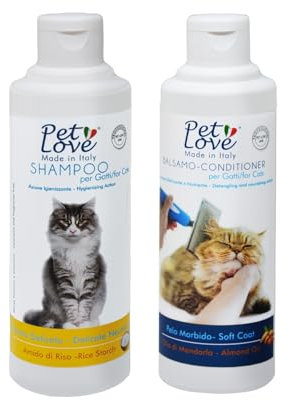 Shampoo und Pflegespülung für Katzen mit pflegender und hygienischer Wirkung, entwirrend für EIN weiches und strahlendes Fell – neutrale Formel ohne Parfüm und Farbstoffe – Set 2 x 250 ml Pet Love