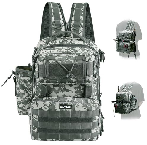 Goture Angelrucksack, Angelzubehör-Rucksack mit Rutenhalter, Tasche für Salzwasser-Angelausrüstung, Umhängetasche für den Außenbereich Tarnung