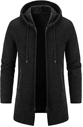 Cardigan da uomo, lungo, con cerniera, lavorato a maglia, vestibilità normale, cardigan, grandi dimensioni, cappotto tradizionale, cappuccio invernale, giacca per le mezze stagioni, cappotto